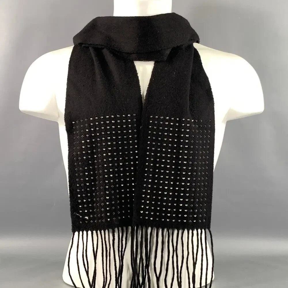 BURBERRY Black Gunmetal Studded Wool Blend Scarf